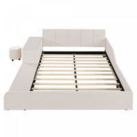 Lily Velvet Upholstered Grounded Bed with Desk and Stool,Queen Size,Beige Queen Bed  