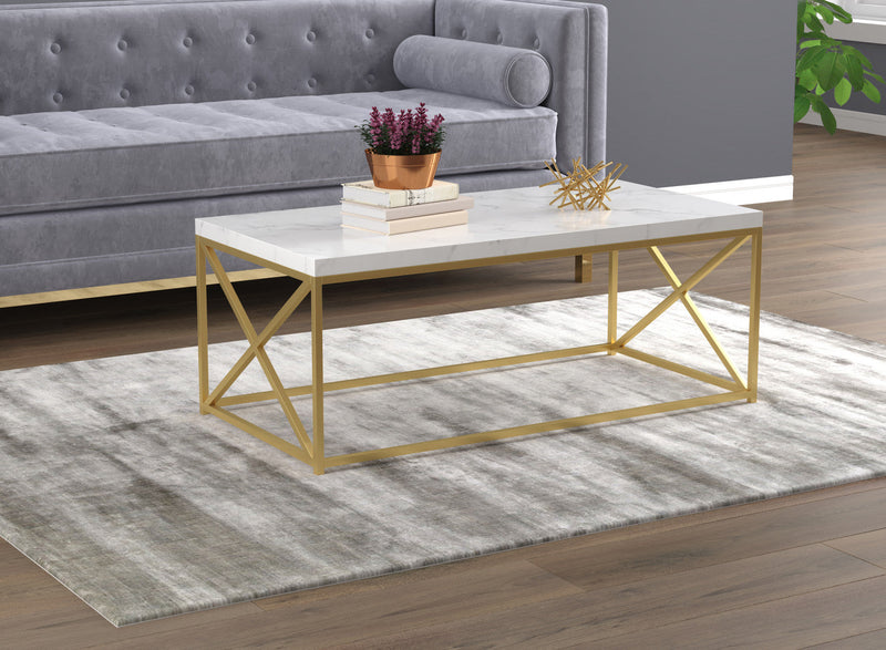 44\" Coffee Table Marble Look With Gold Metal 