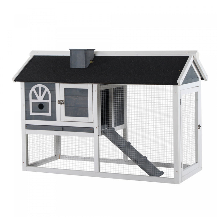 Pawhut Rabbit Hutch, Wooden Guinea Pig Cage Outdoor With Run, Removable Tray, Ramp, Asphalt Roof, Gr