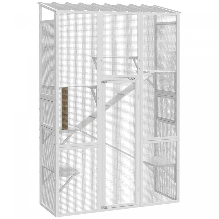 PawHut Catio Outdoor Cat Enclosure, Large Wooden Cat House with 6 Platforms, Scratching Post, 2 Ramps, Waterproof Roof, Walk-in Kitty Cage for 2–3 Kittens, 64" x 24" x 99", White