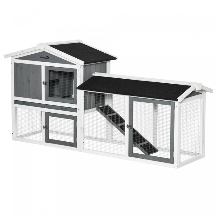 PawHut 69" Wooden Rabbit Hutch Pet Playpen Bunny House Enclosure with Run Box, Slide-out Tray, Ramp, for Rabbits and Small Animals, White