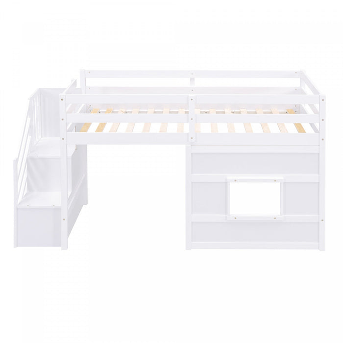 Martin Twin Solid Wood Loft Bed With Storage Stairs, Play Window, Led Light - White 