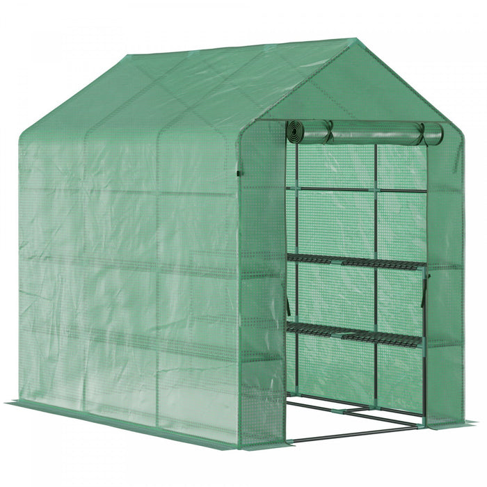 Outsunny 84\"x 56\" X 77\" Walk-in Greenhouse 2-tier Flower Rack Outdoor Plant Garden Pe Cover Steel Fr