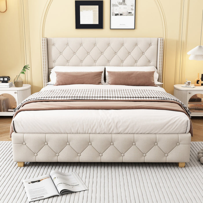 Haley Linen Upholstered Platform Bed with Classic Wingback Headboard and Diamond Tufted Upholstery,Full Size,Beige Full Bed  