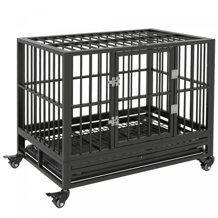 Pawhut Heavy Duty Steel Dog Crate Kennel Pet Cage With Wheels For Portability And A Door For Convenient Access Anti-pinching Floor, 36.2" L X 24.4" W X 30.7" H, Grey