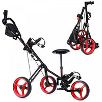 Costway Foldable 3 Wheel Push Pull Golf Club Cart Trolley W/seat Scoreboard Bag Red