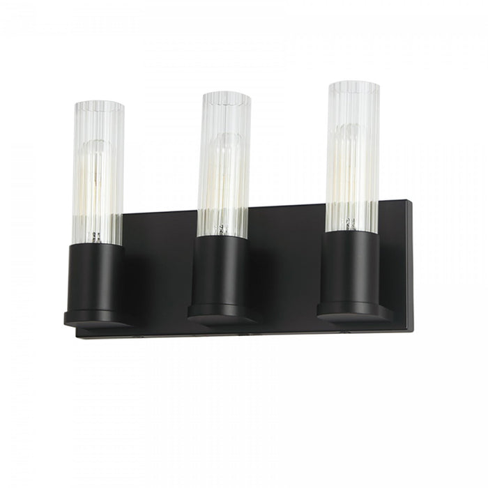 Dainolite Tube 3 Light Vanity Light Matte Black Clear Fluted Glass Lamp