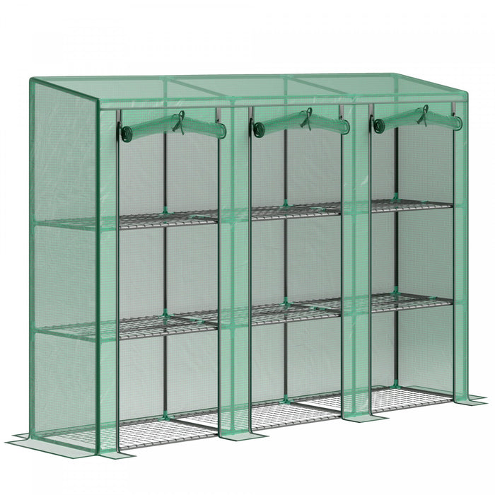 Outsunny Lean-to Mini Greenhouse W/ 3 Tier Shelves, 3 Roll-up Doors, Green