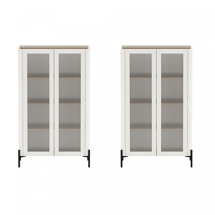 Abbey Modern 32\" Tempered Glass Bookcase Cabinet in Maple and Off White (4-Shelf) - Set of 2 