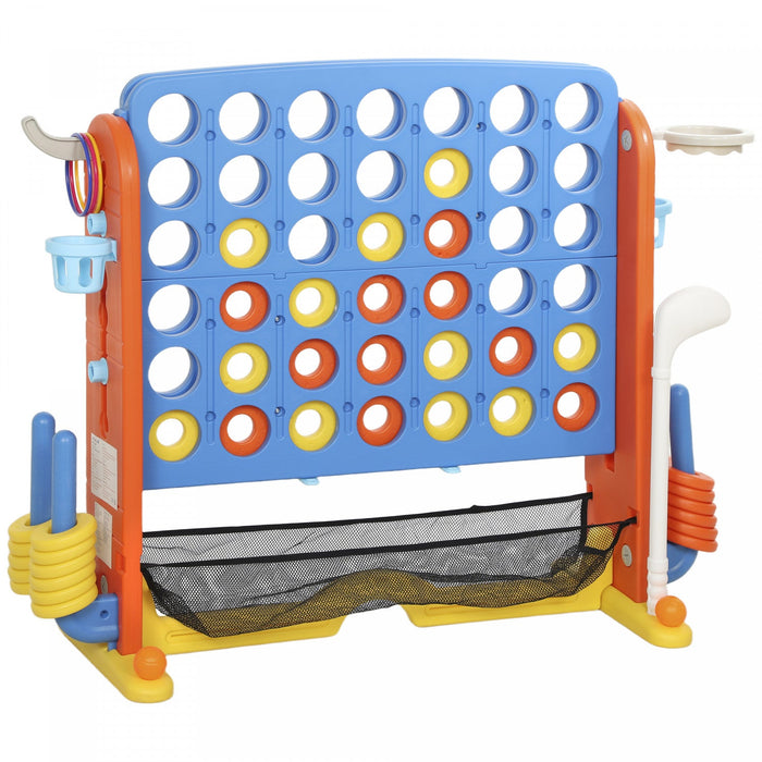 Qaba Jumbo 4-to-Score Giant Game Set, 4 in 1 Indoor Outdoor Connect 4 Family Yard Game Set w/ Basketball, Ring Toss, Golf, 42 Jumbo Rings, Quick-Release Slider, 4-in-A-Row for Kids