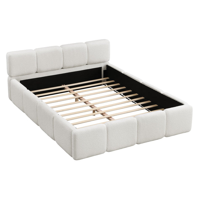 Aiden Platform Bed with Supportive Upholstered Frame in Boucle Fabric,King Size,White King Bed  