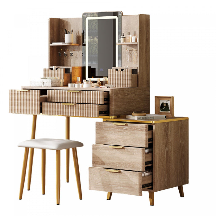 Victoria 7-Drawer Vanity Table Set with LED Mirror and Metal Legs,Yellow Brown Mirror Cabinet  