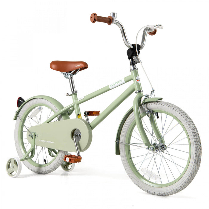 Costway 18" Kids Bike With Adjustable Saddle Handlebar Removable Training Wheels Handbrake Green