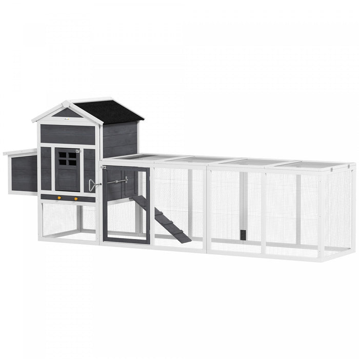 PawHut 117" Chicken Coop, Wooden Rabbit Hutch with Chicken Run, Slide-out Tray, Asphalt Roof, Nesting Box - Grey and White