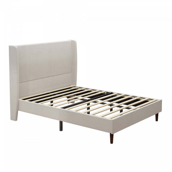 Harper Upholstered Queen Bed Frame with High Headboard, Chenille Fabric - Beige 
