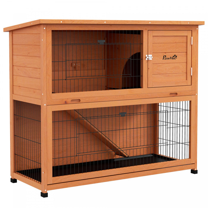 Pawhut Wooden Rabbit Hutch, 2 Tier Outdoor Rabbit Cage With Trays, Ramp, Asphalt Roof, Doors For 1-2