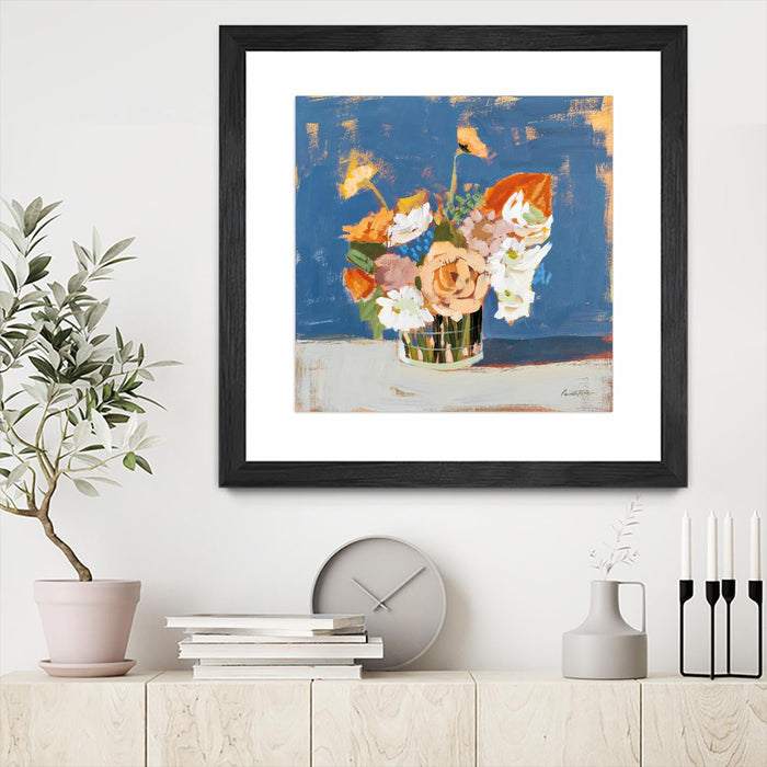 \"Peach And White Bouquet\" Matted and Framed Black 36x36 Wall Art