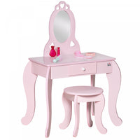 Qaba Kids Dressing Table Set, Vanity Table With Mirror And Stool, Princess Design Makeup Vanity Set With Storage Drawer, Gift For Girls 3-6 Years, Pink