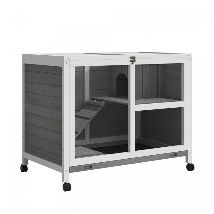 Pawhut Indoor Rabbit Hutch With Wheels, Bunny Cage Guinea Pig House Small Animals Habitat W/ Top Acc