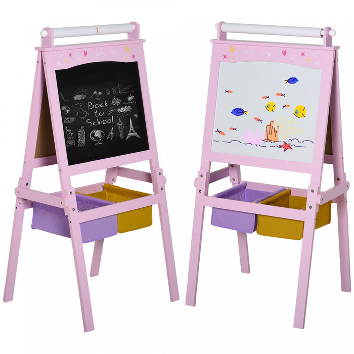 Qaba 3 In 1 Kids Wooden Art Easel With Paper Roll Double-sided Chalkboard & Whiteboard Gift For Todd
