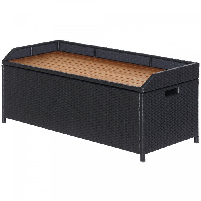 Outsunny Patio Wicker Storage Bench Box with Natural Wood Top Lid Coffee