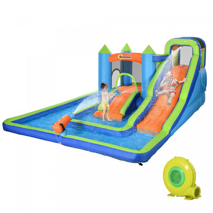 Outsunny 5 In 1 Kids Bounce House With Double Slides Pool Trampoline Climbing Wall Water Cannon, Inf