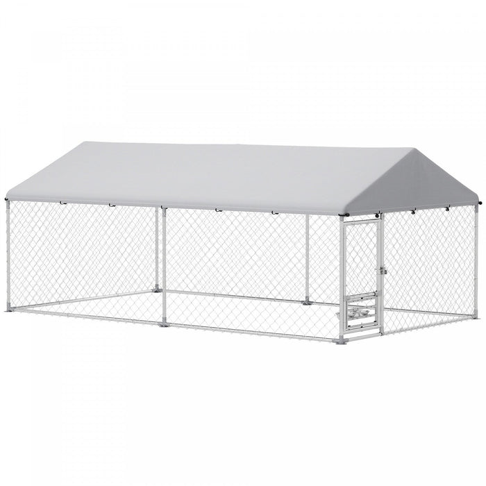 Pawhut Outdoor Dog Kennel With Roof, Heavy Duty Dog Run Outdoor Fence Cage With Adjustable & Rotating Bowls, Waterproof Uv-resistant Cover, Secure Lock, 13.1' X 7.5' X 5.2'