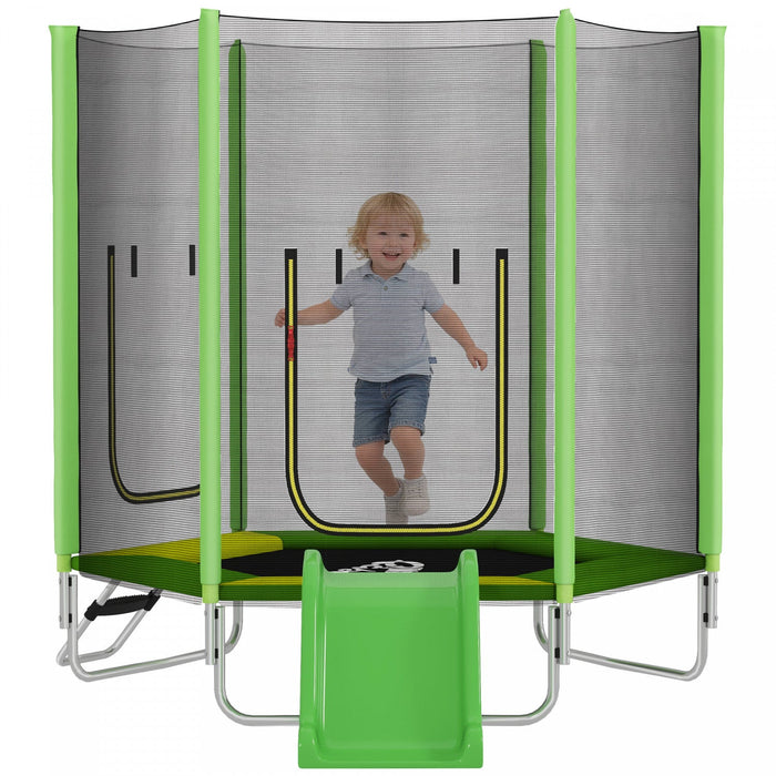 Qaba 85" Trampoline for Kids, Indoor & Outdoor Toddler Trampoline with Slide, Ladder and Safety Enclosure, for Jumping, Sliding, and Playing, for Boys & Girls Ages 3+, Green