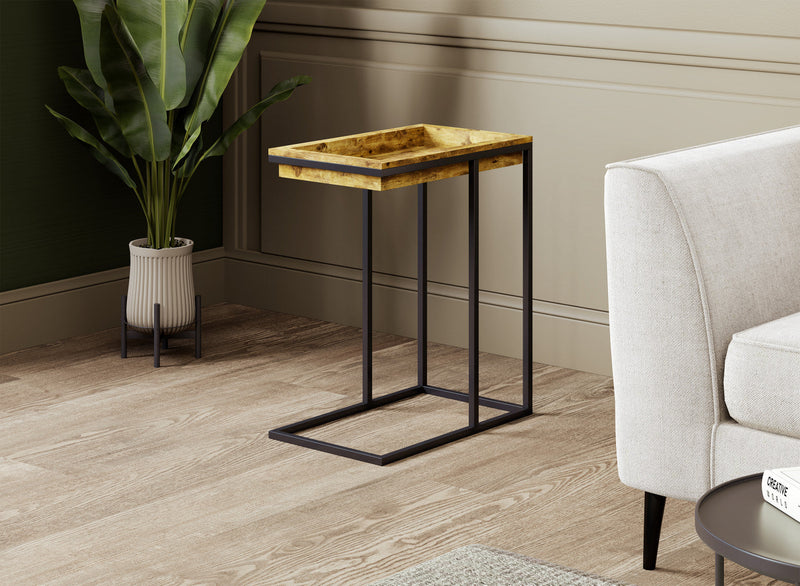 C-Shaped End Table With Sunkey Tray - Brown Reclaimed Wood With Black Metal 