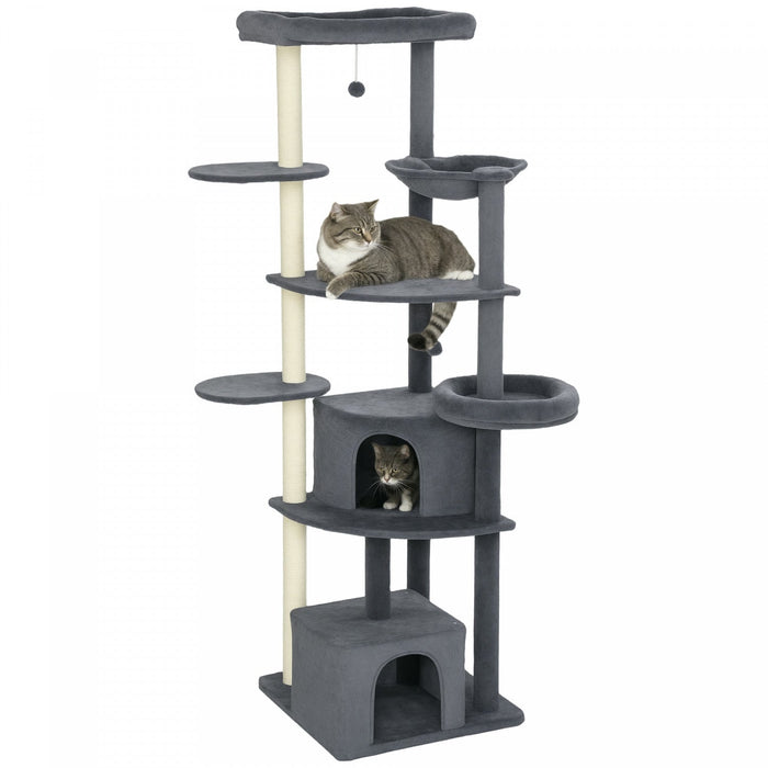 PawHut 79 Inch Cat Tree, Extra Tall Large Cat Tower with Scratching Posts, 2 Perches, 2 Caves, Large Hammock, Pompoms, Multi-Level Plush Kitty Condo for Multiple Indoor Kittens