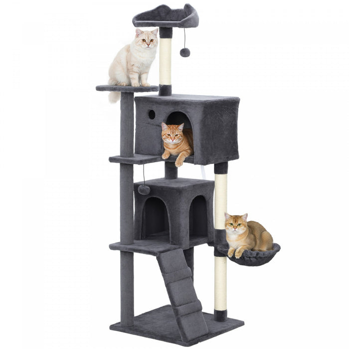 PawHut Cat Tree, 63 Inch Multi-Level Large Cat Tower with Sisal Scratching Posts, Condos, Plush Perches, Hammock, Ladder, Dangling Balls, for Indoor Kittens, Dark Grey