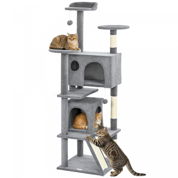 PawHut 63" Cat Tree, Cat Tower for Indoor Cats with Scratching Posts, Cat Condos, Bed, Platforms, Ramp, Toy Ball, Cat Activity Center, Light Grey