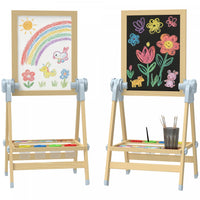 Qaba Wooden Art Easel for Kids, Double Sided Kids Easel with Height Adjustable Chalkboard and Magnetic Whiteboard, Paper Roll, Tray for Boys and Girls, Natural