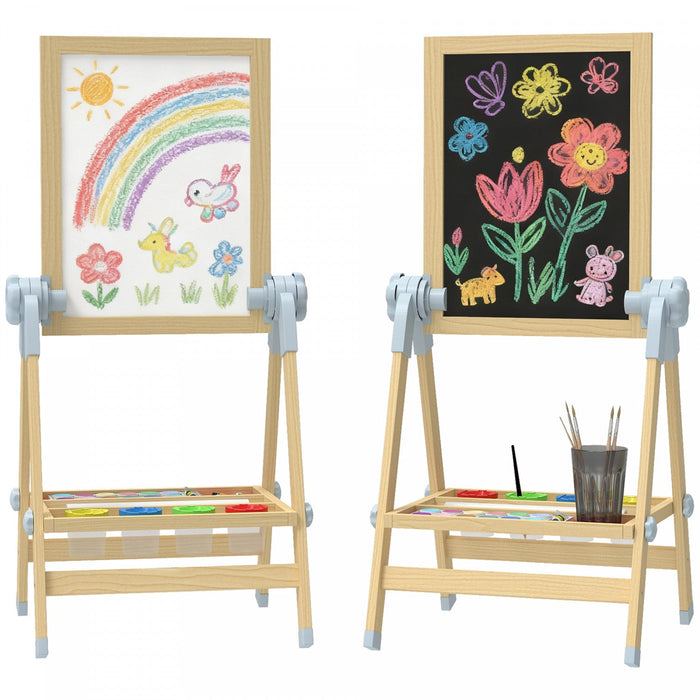 Qaba Wooden Art Easel for Kids, Double Sided Kids Easel with Height Adjustable Chalkboard and Magnetic Whiteboard, Paper Roll, Tray for Boys and Girls, Natural