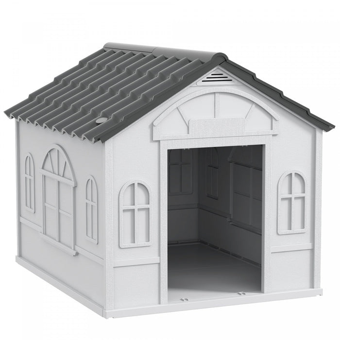 Pawhut 26" Plastic Dog House Outdoor, Waterproof Dog Kennel With Air Vents, Pet Shelter For Small Medium Dogs, Grey