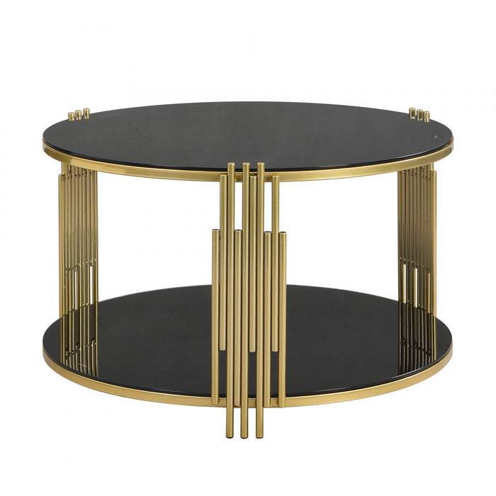 Nancy 31.5\" Round Mirror Coffee Table With Lower Shelf - Black 
