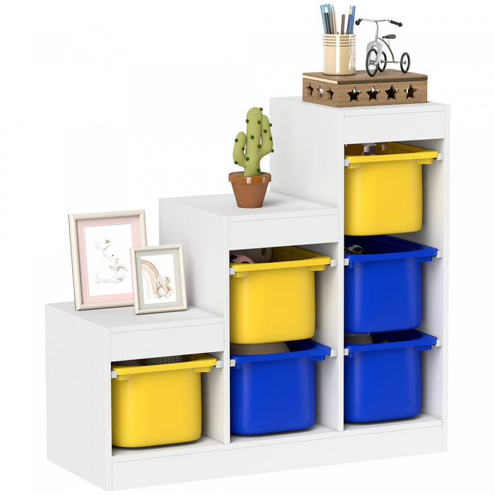 Qaba Toy Storage Organizer with 6 Plastic Bins, 3 Layers Children Toy Storage with Anti-tipping Design, for Ages 3–8 Years, Study Room, Playroom, Yellow & Blue