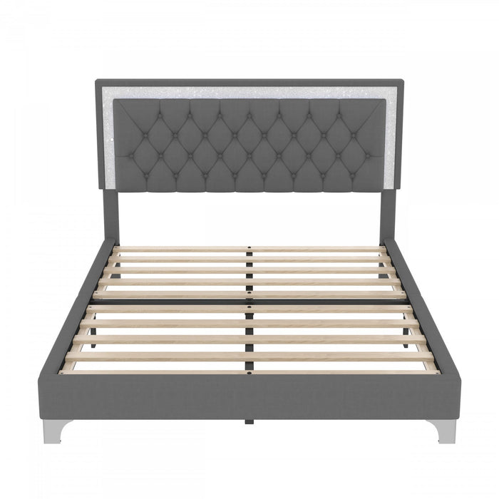 Sophia Upholstered Bed Frame With Led Lights And Velvet Tufted Headboard,queen Size,grey Queen Bed 
