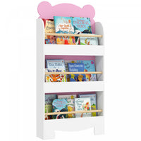 Qaba Kids Bookshelf, 3-tier Book Shelf Organizer, Bear Theme Toddler Space-saving Wall Bookcase For Living Room, Kids Room, Playroom, Pink