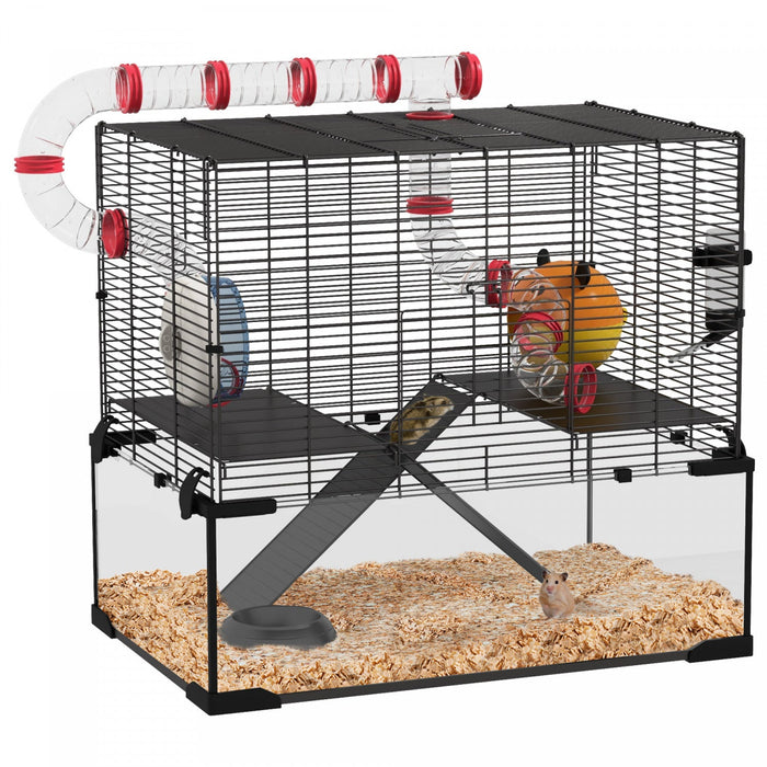 Pawhut Hamster Cage, Small Animal House With Deep Glass Bottom, Tunnel Tube System, Ramps, Platforms