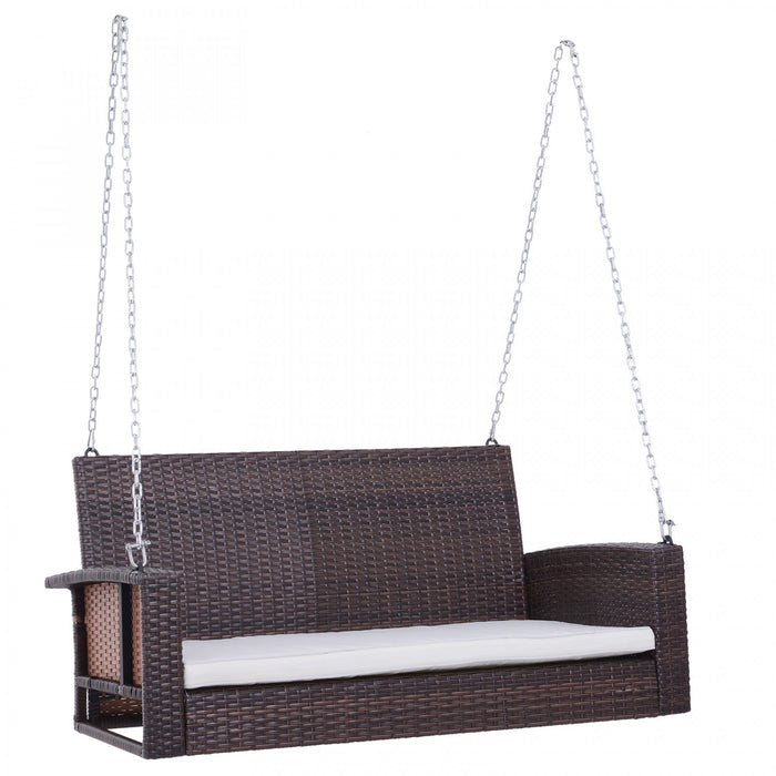 Outsunny 2-person Patio Porch Swing Chair, Outdoor Rattan Hanging Bench With Cushion & 7.2 Ft Steel 