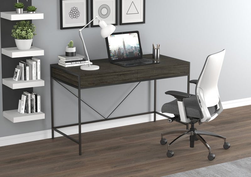 49” Computer Desk With 2 Drawers - Grey Wood With Black Metal 