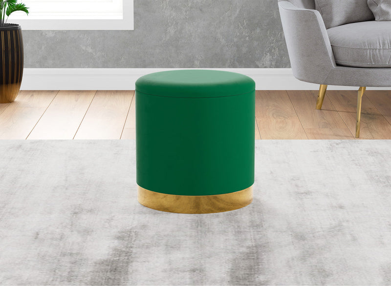 Velvet Cylinder Ottoman – Forest Green Upholstered Seat With Gold Metal Base 