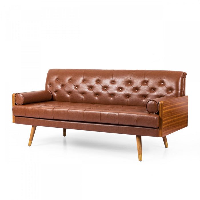 Aidan 3-seater Tufted Pu Leather Sofa With Rolled Pillows - Light Brown 