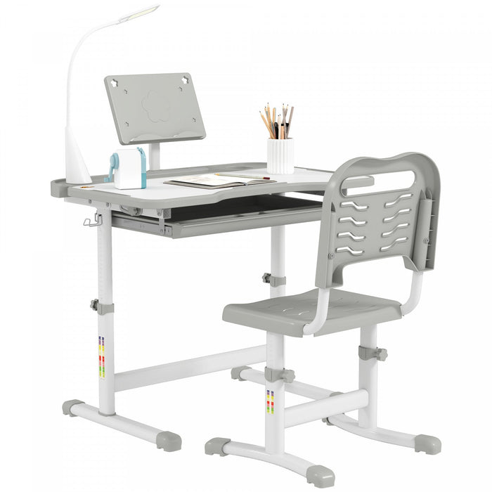 Qaba Kids Desk And Chair Set Height Adjustable Student Writing Desk Children School Study Table With Tilt Desktop, Led Lamp, Pen Box, Drawer, Reading Board, Cupholder, Grey