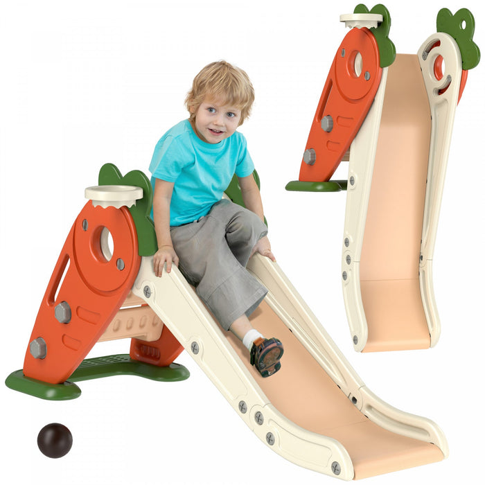 Qaba Toddler Slide, 3 In 1 Kids Slide With Basketball Hoop, Climber, Carrot-themed Foldable Indoor S
