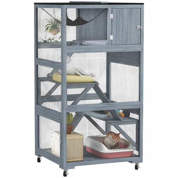PawHut 66"H Catio on Brake Wheel, Indoor Outdoor Cat Enclosure Cage with Weatherproof Roof Hammock Multiple Platforms Resting Condo Ramps Lockable Doors, for 1-3 Cats, Grey