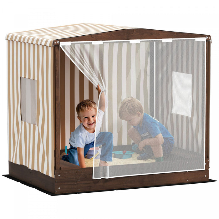 Qaba Kids Sandbox with Cover, Children Sandbox, Outdoor Wooden Sand Pit with Bench Seats and Bottom Liner, Kids Backyard Beach Playset for Ages 3-6, 56" x 40" x 52"