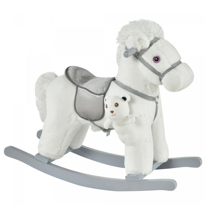 Qaba Kids Plush Ride-on Rocking Horse With Bear Toy, Children Chair With Soft Plush Toy & Fun Realis