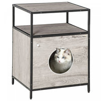 Pawhut Wooden Cat House Kitty Shelter Bed With Washable Cushion And Open Shelf, Grey, 19